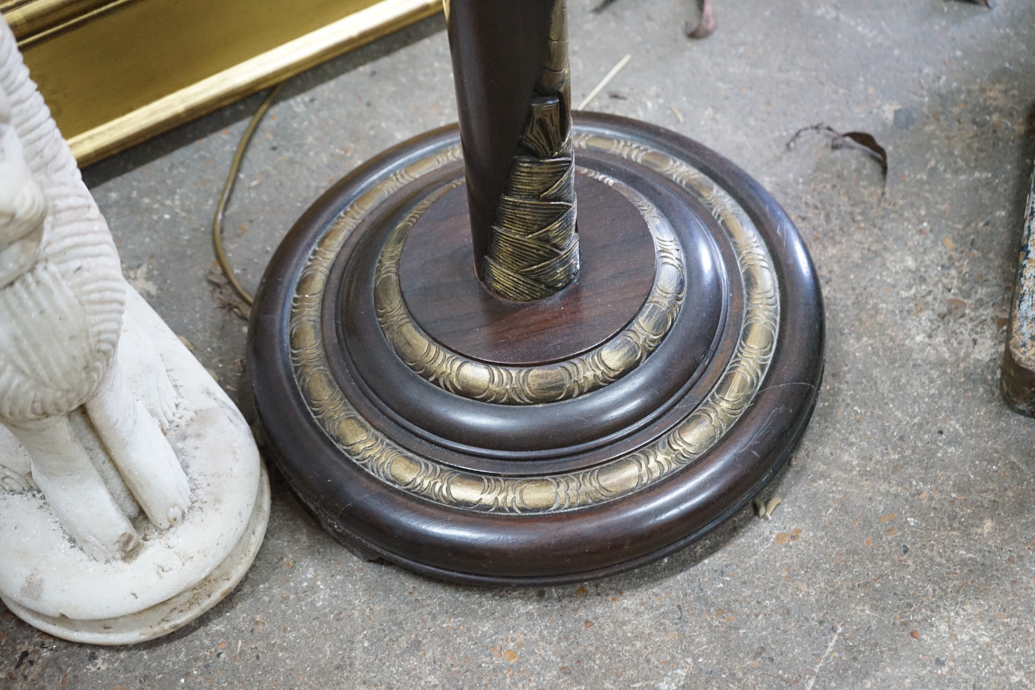 A Chinese style carved mahogany parcel gilt standard lamp, height excluding shade 156cm